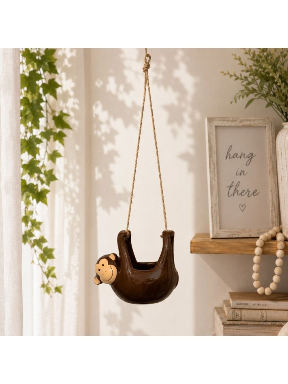 Monkey Hanging Planter Ceramic Animal Pot VTG Succulent Jungle Decor Whimsical